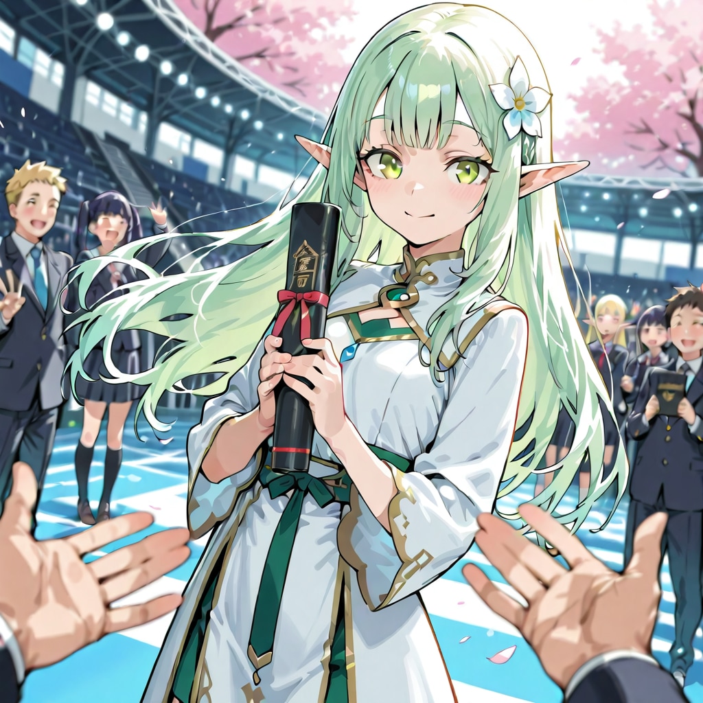 卒業するエルフの女の子