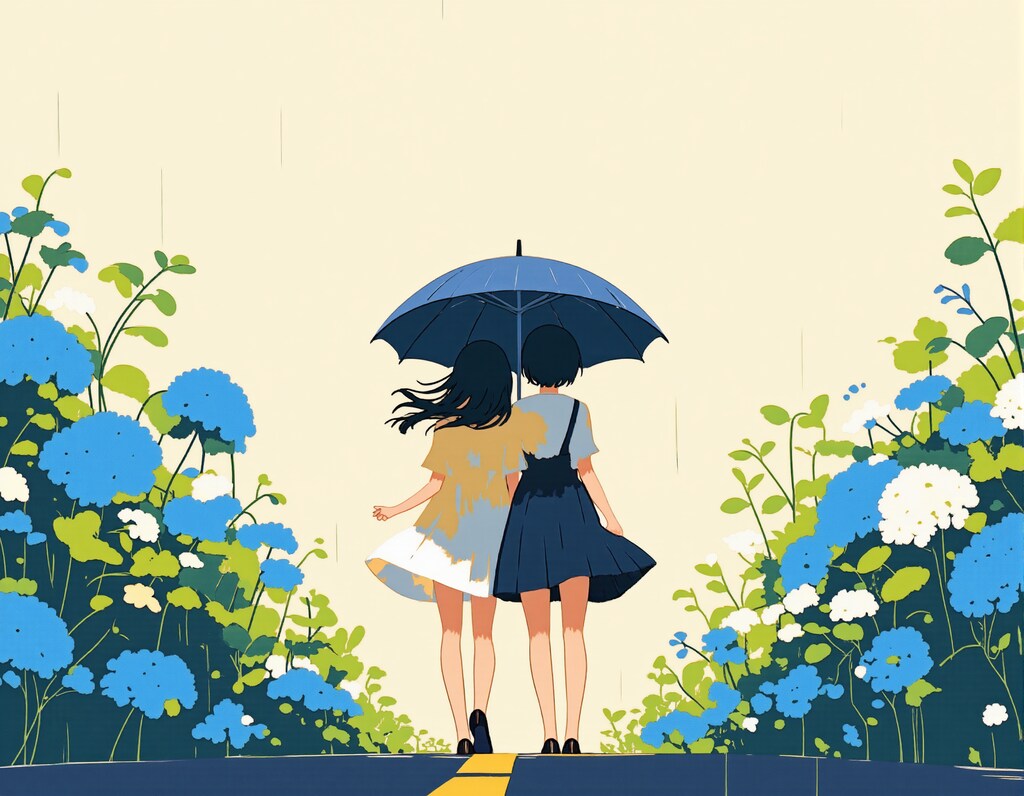 紫陽花の道を行く傘ひとつ