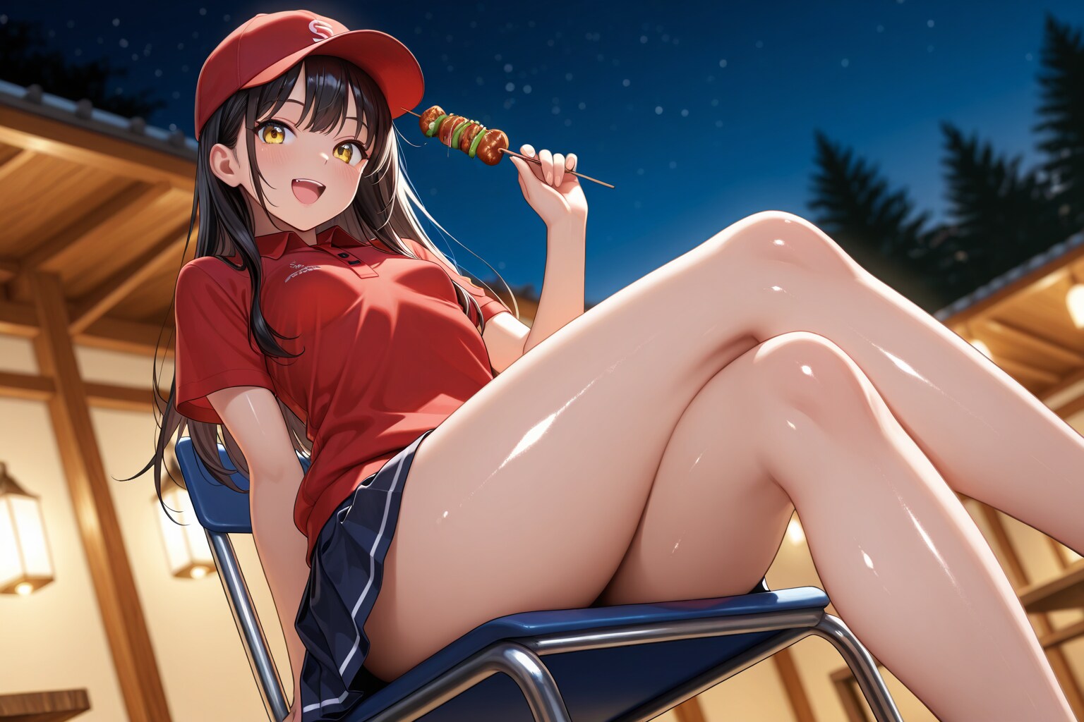 野球観戦の帰りに焼き鳥を食べる野球女子ちゃん