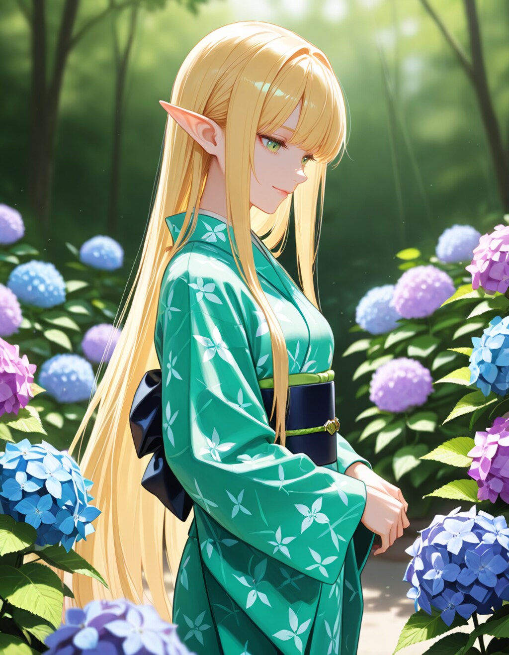 束の間の晴れ間と紫陽花と浴衣姿のエルフ魔女