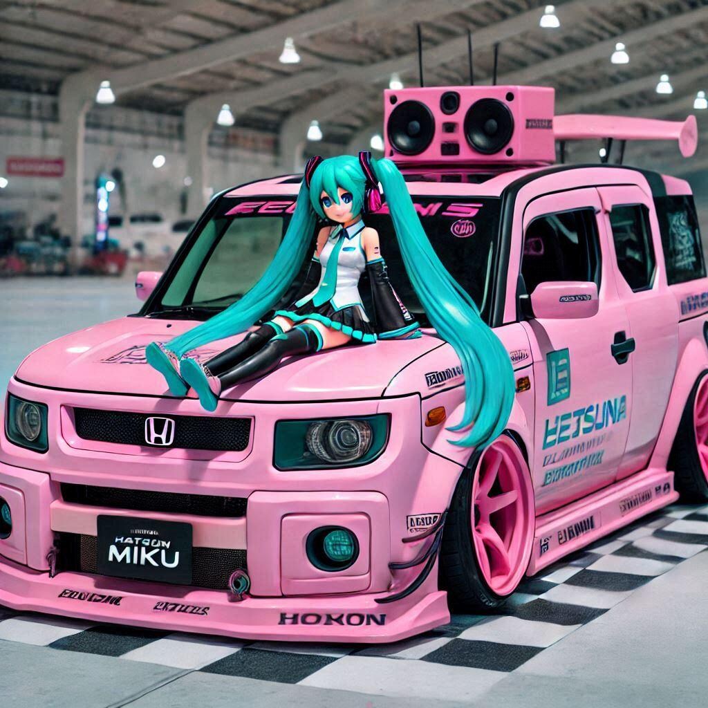 初音ミクキャラとピンクカラーホンダエレメントのドリ車