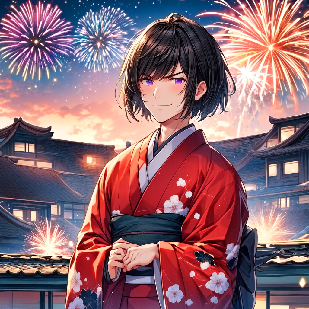 ボブカットな黒髪短髪男性と、花火★その1(4枚)