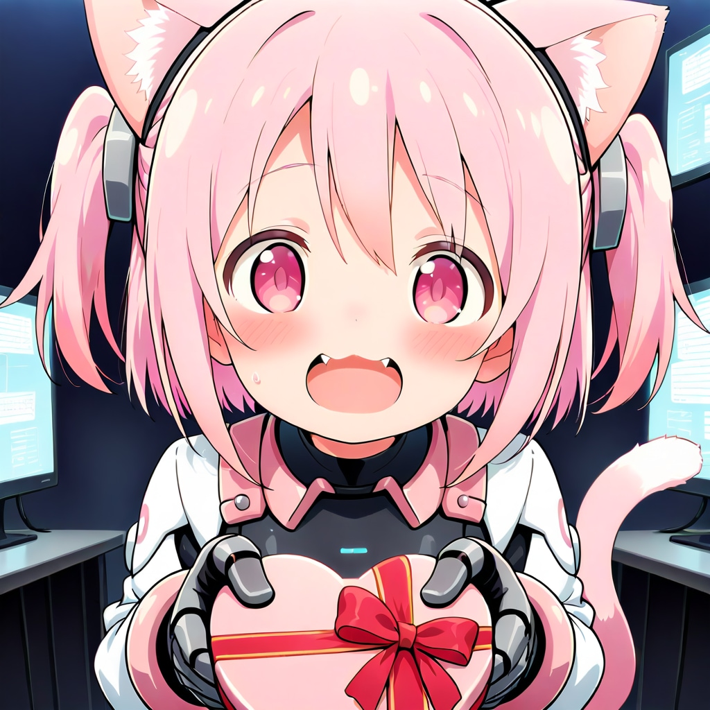 パワードスーツ姿で想いを伝えるねこ。