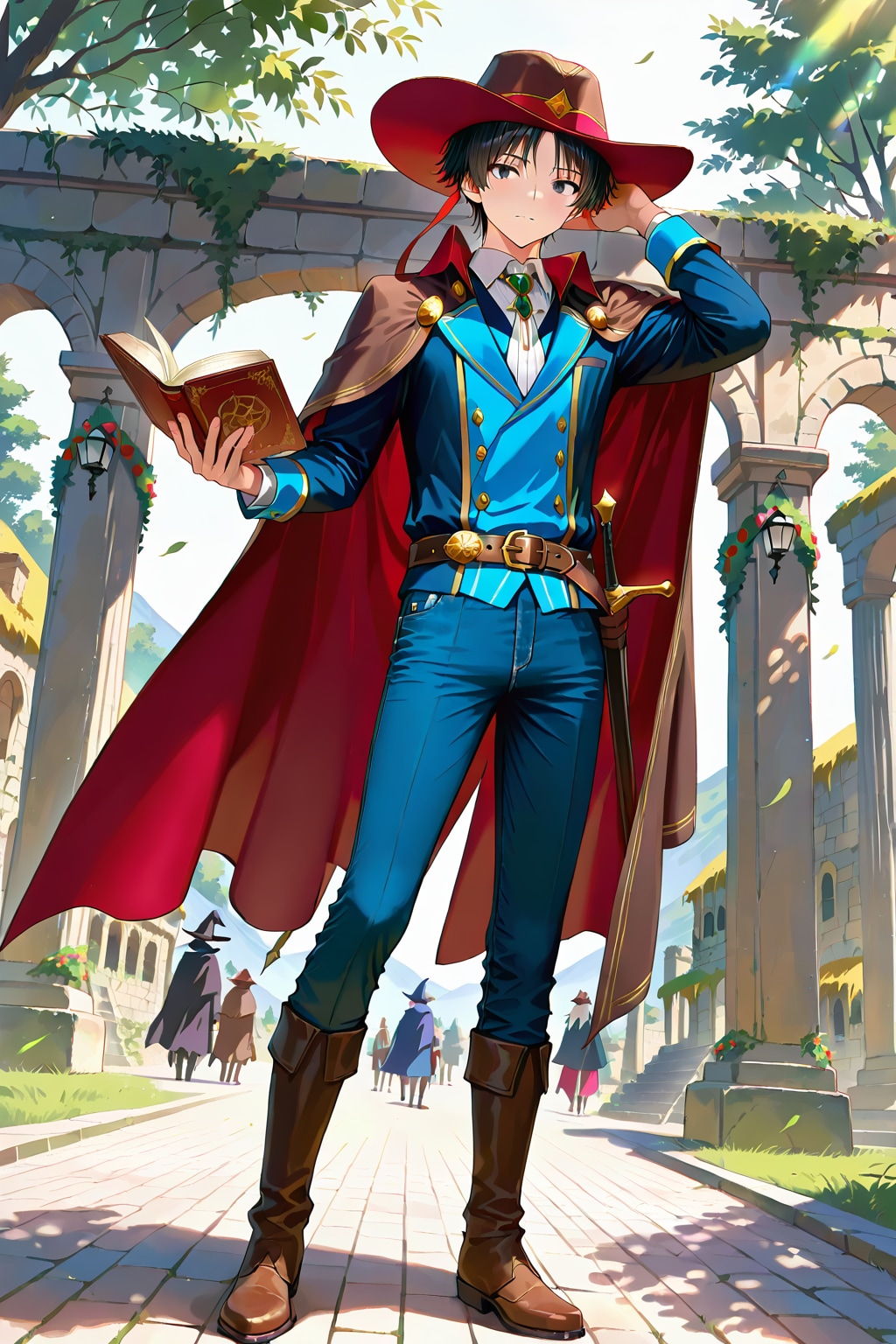 ファンタジー古代遺跡の前、大柄な若い男性魔術師1-3