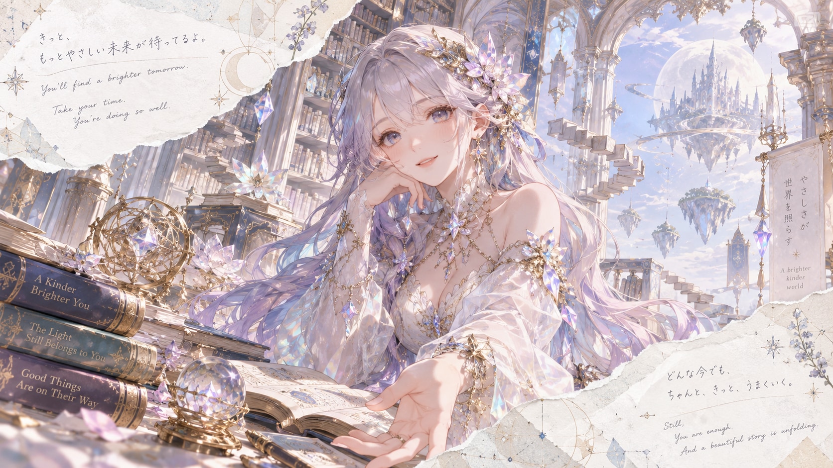 A quiet study among the stars, crystal pages open beneath a floating library of moonlit towers.  You | の人気AIイラスト・グラビア