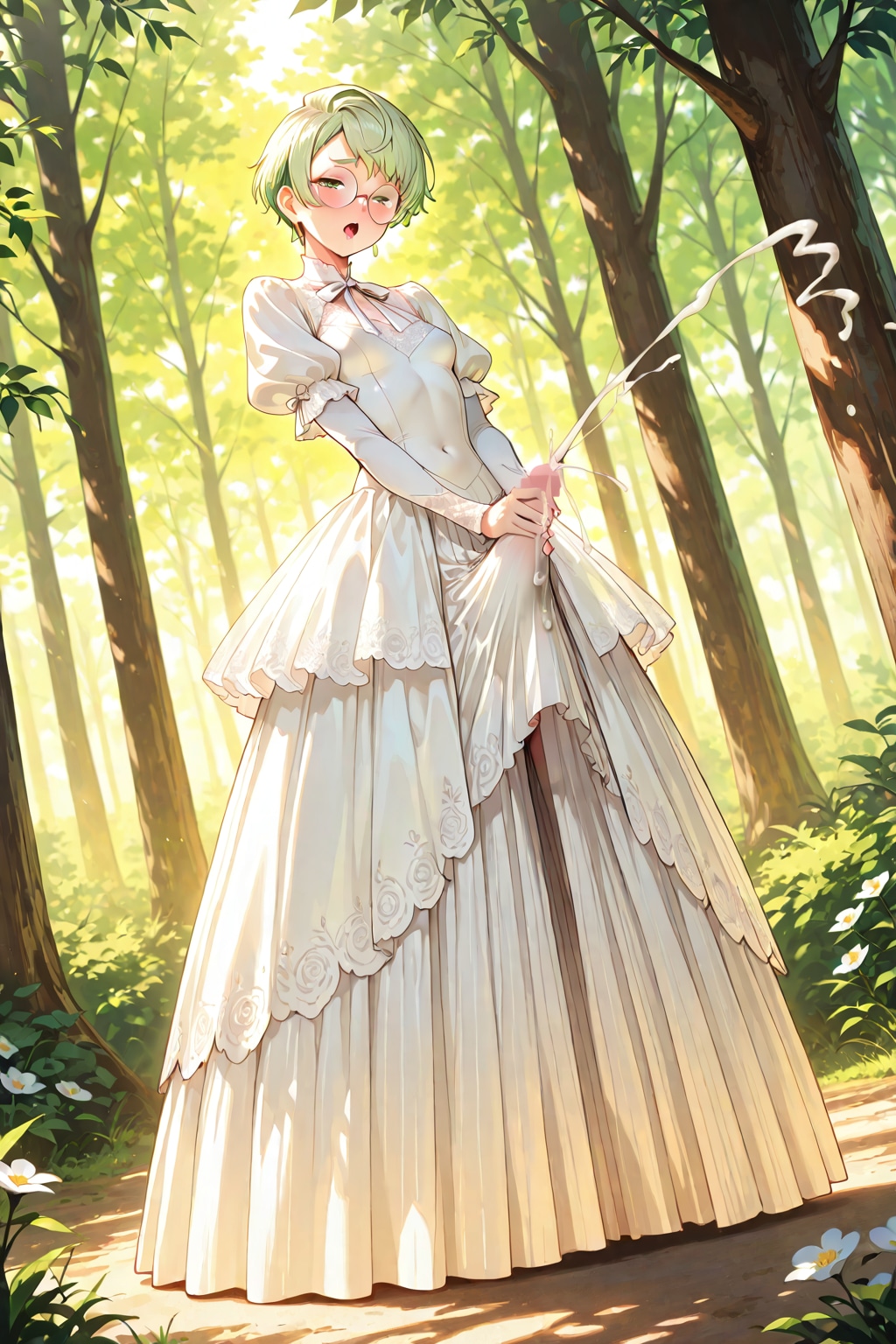 Midori ejaculating in a white dress