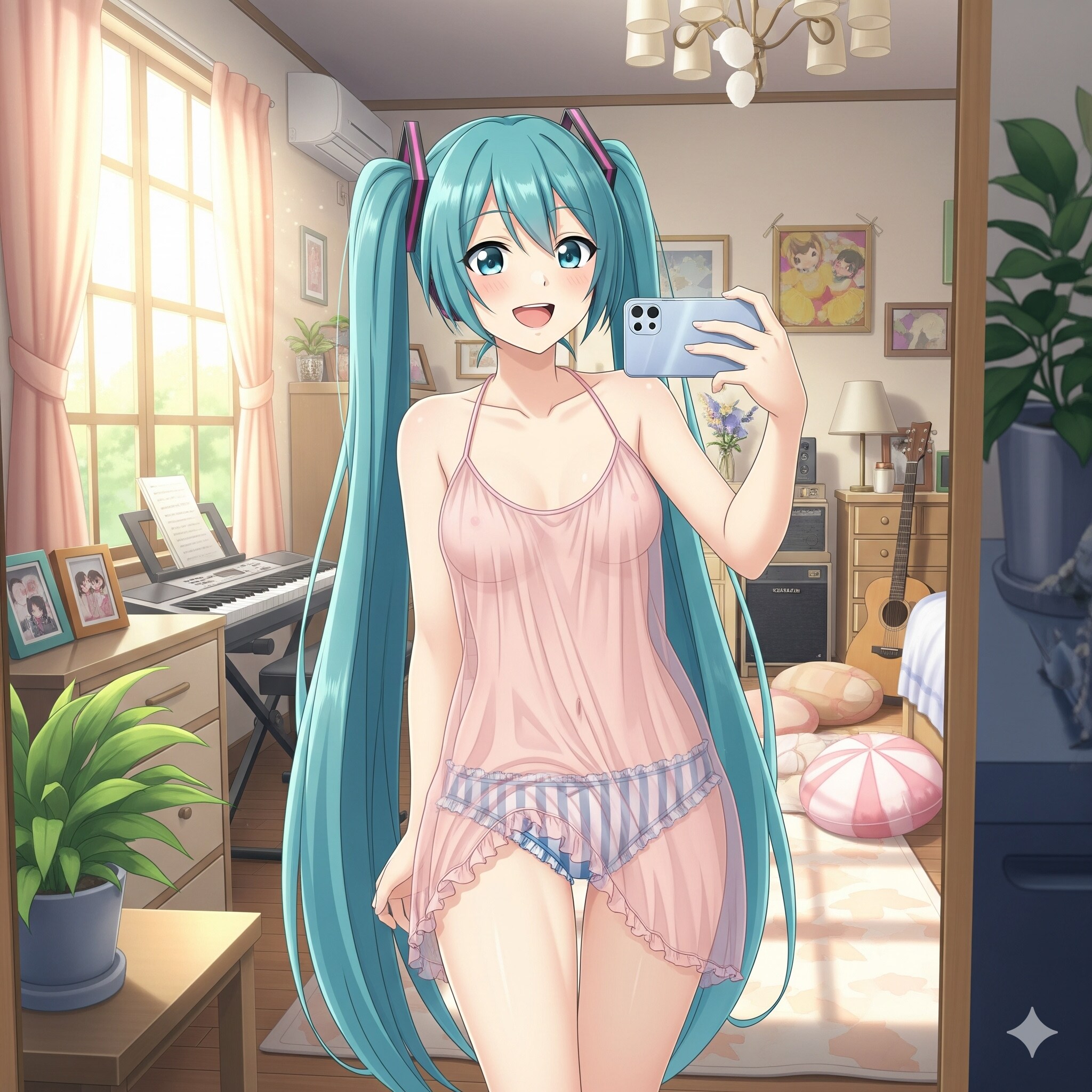 鏡の前で自撮りするミクさん