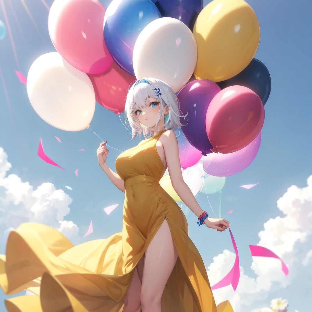 いっぱい色とりどりの巨大風船を持つ白い髪ロングの黄色のドレス着た美女