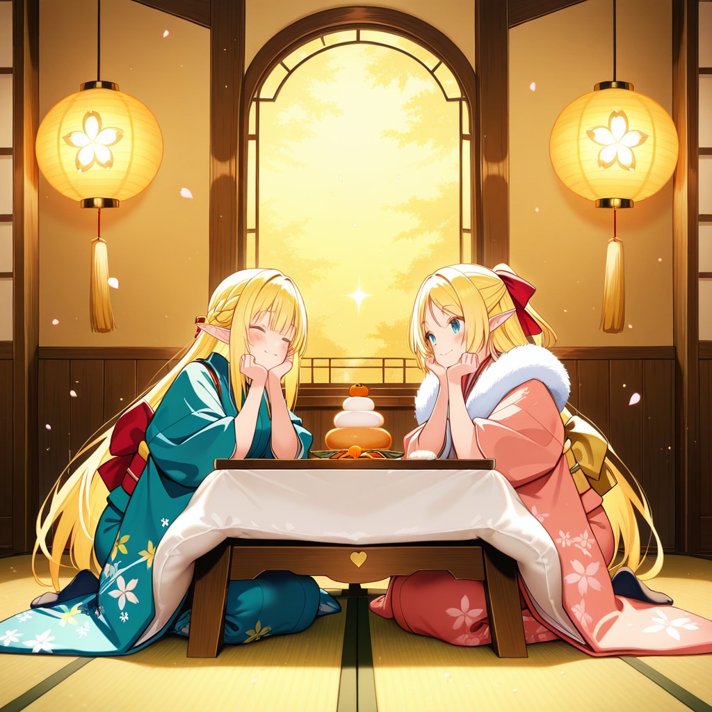 お正月の鏡餅を飾ったり眺めたりしているエルフの女の子