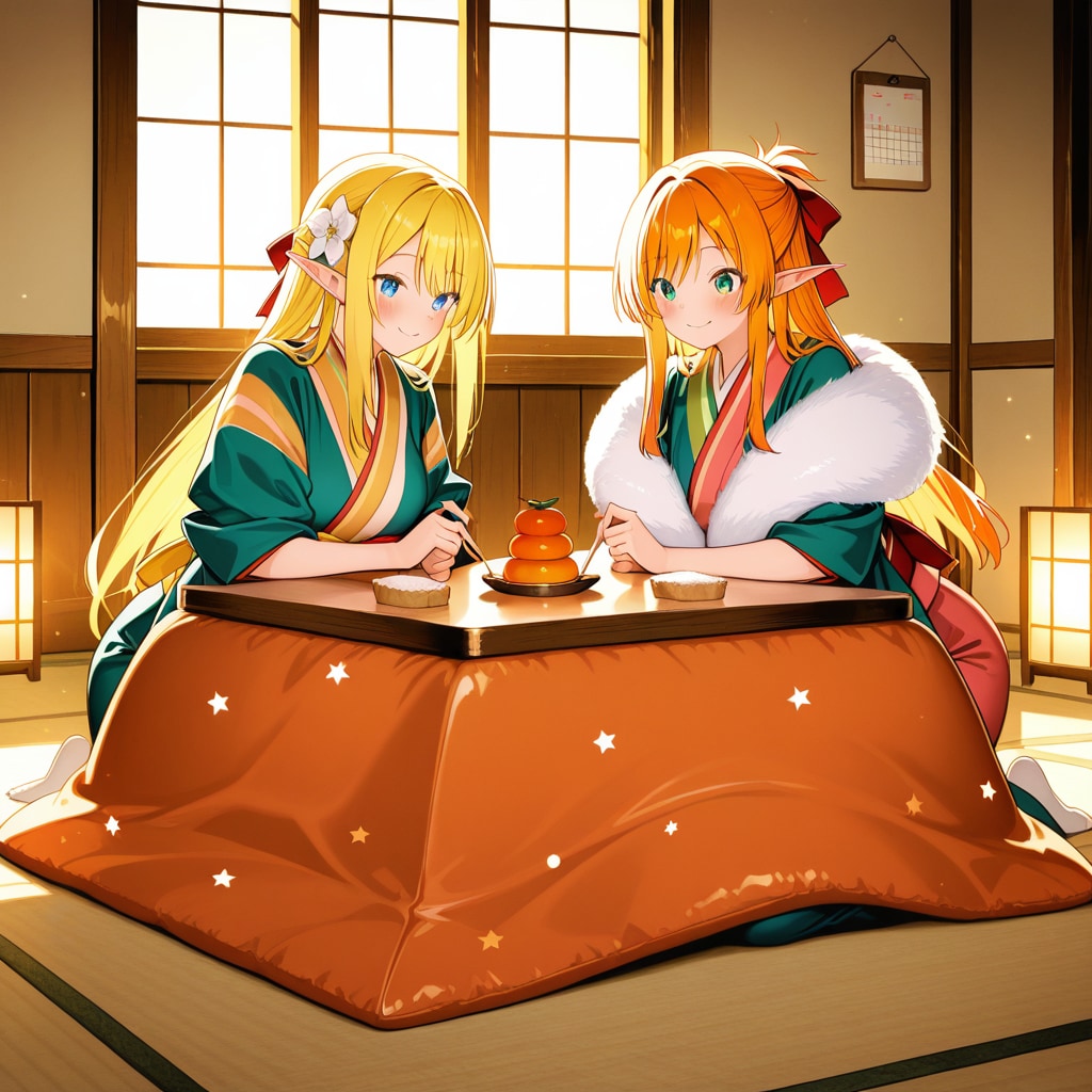 お正月の鏡餅を飾ったり眺めたりしているエルフの女の子