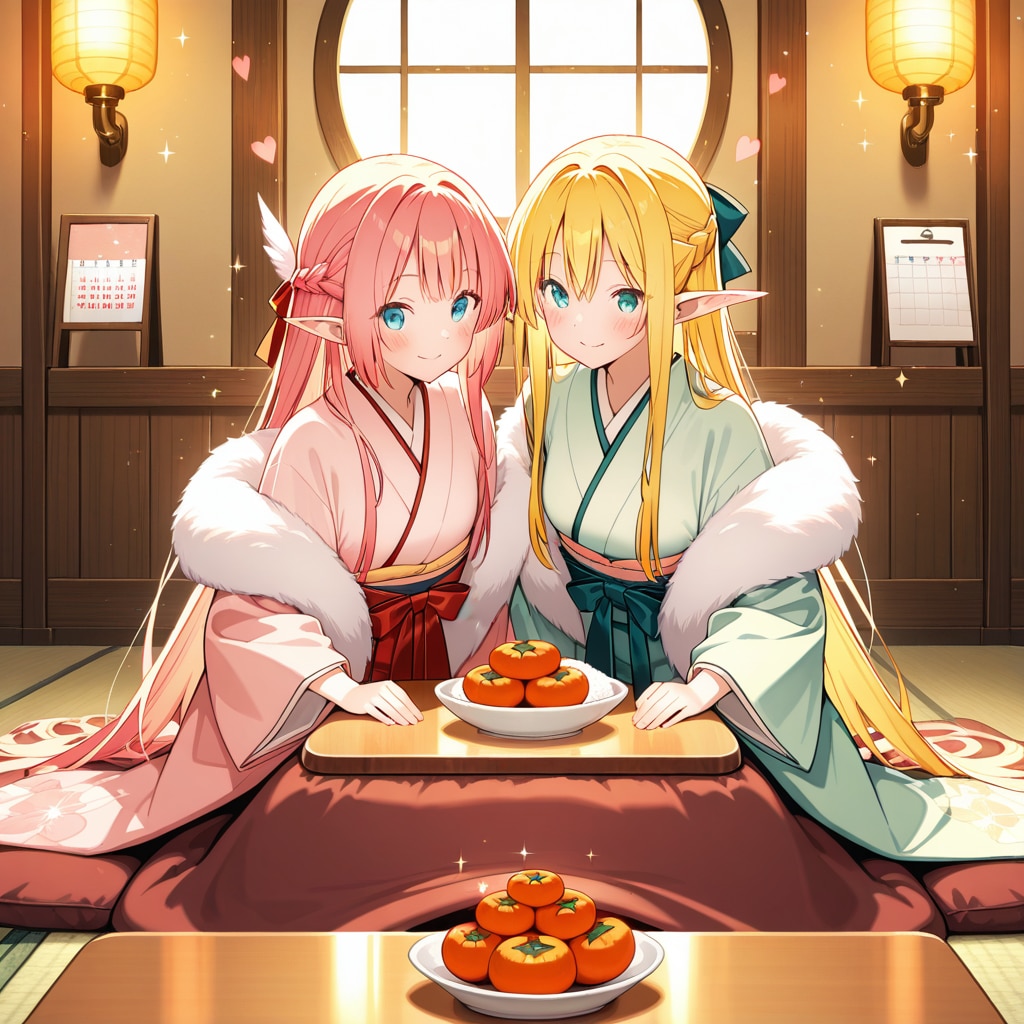 お正月の鏡餅を飾ったり眺めたりしているエルフの女の子