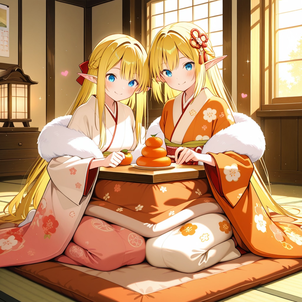 お正月の鏡餅を飾ったり眺めたりしているエルフの女の子