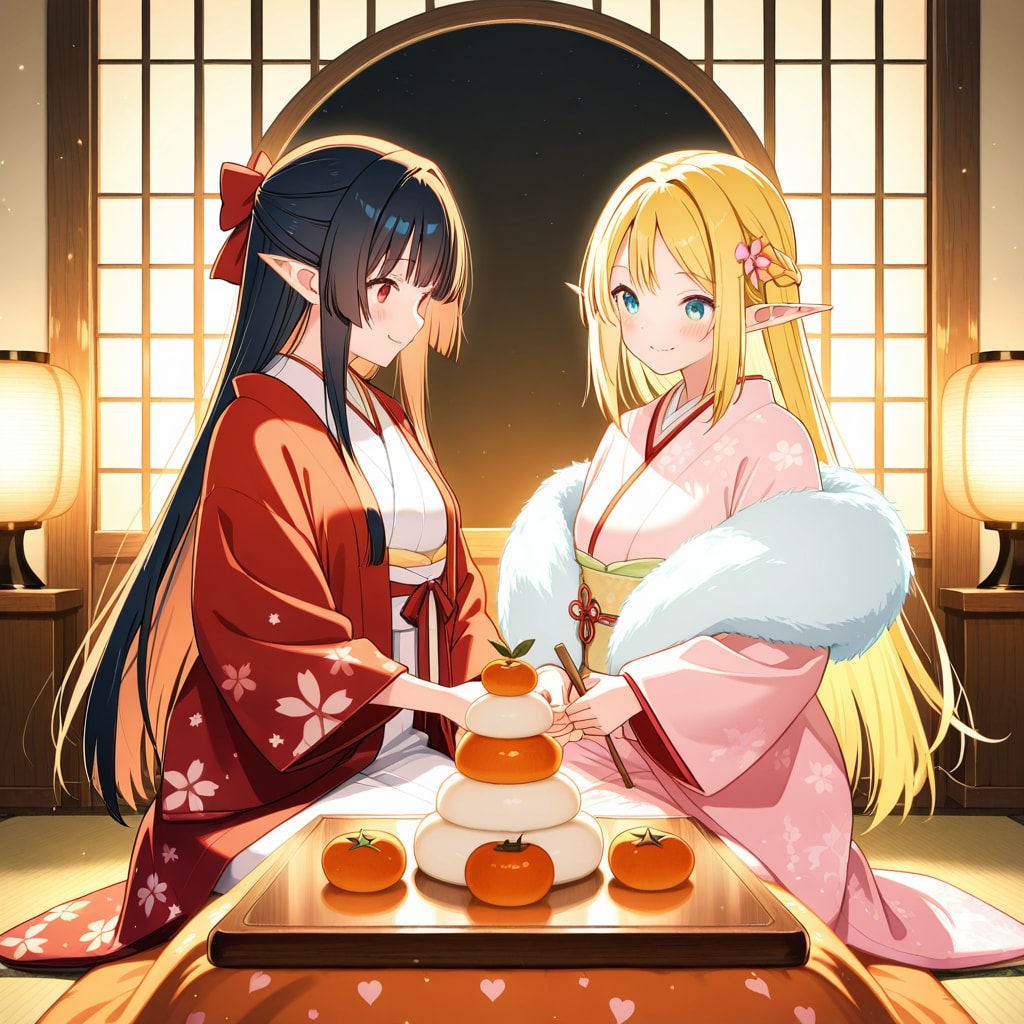 お正月の鏡餅を飾ったり眺めたりしているエルフの女の子