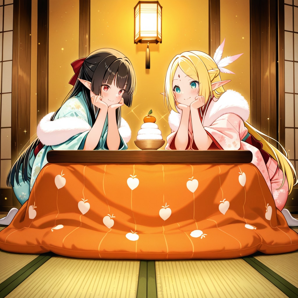 お正月の鏡餅を飾ったり眺めたりしているエルフの女の子