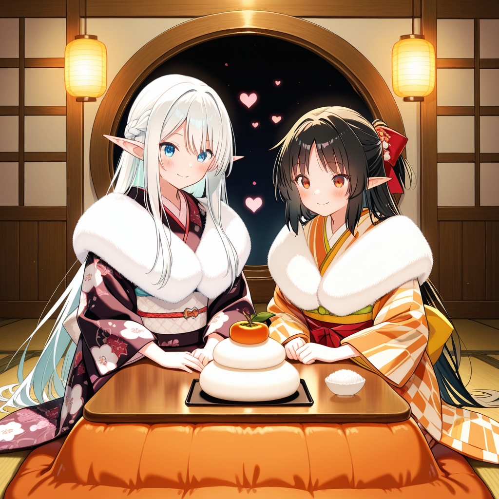 お正月の鏡餅を飾ったり眺めたりしているエルフの女の子