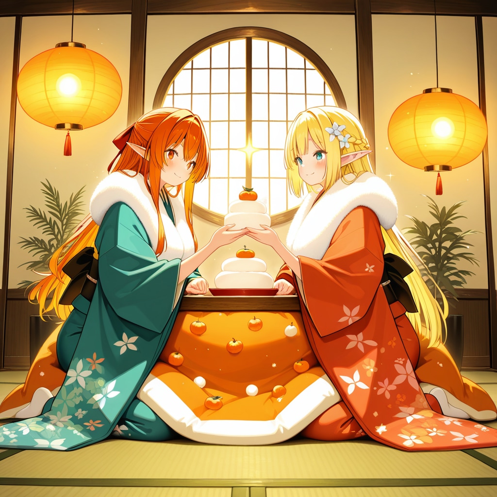 お正月の鏡餅を飾ったり眺めたりしているエルフの女の子