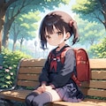 ベンチ座るセーラー服とランドセルの女の子 3枚目