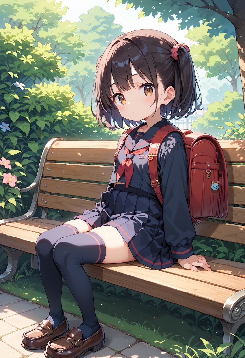 ベンチ座るセーラー服とランドセルの女の子