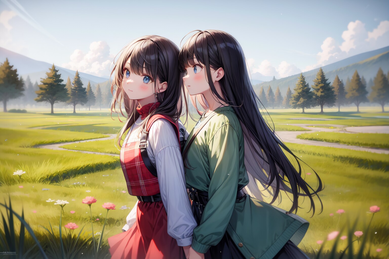 仲良く草原をお散歩？