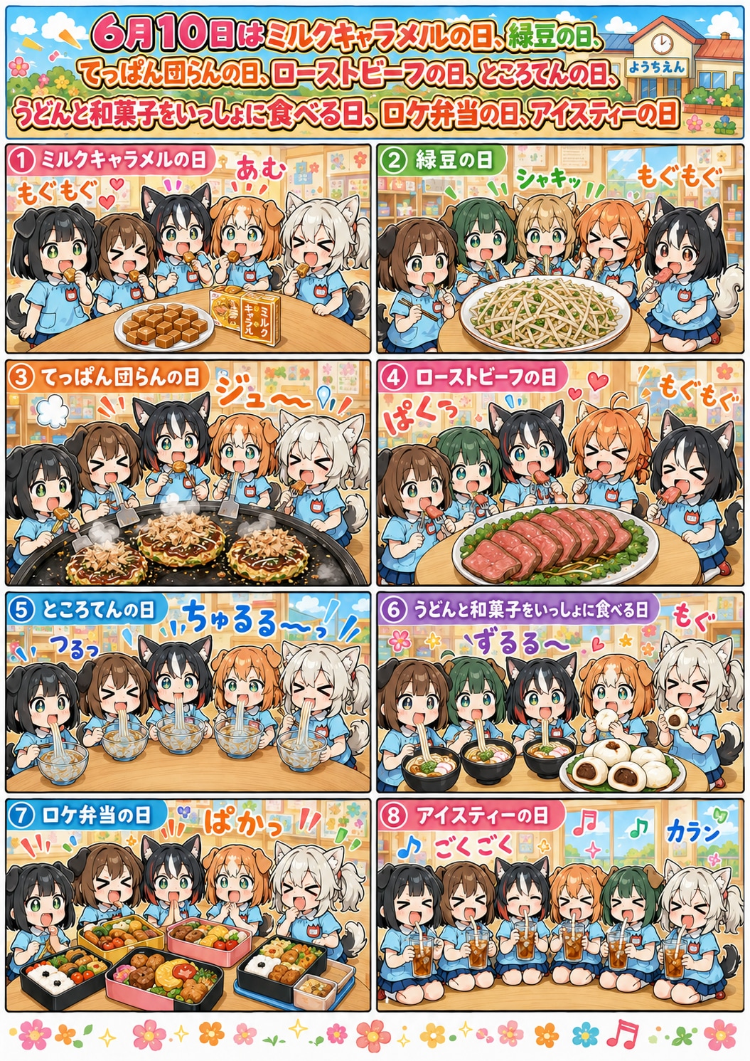 ６月１０日はミルクキャラメルの日、緑豆の日、てっぱん団らんの日、ローストビーフの日、ところてんの日、うどんと和菓子をいっしょに食べる日、ロケ弁当の日、アイスティーの日 | の人気AIイラスト・グラビア