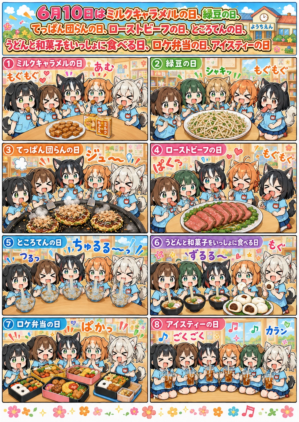 ６月１０日はミルクキャラメルの日、緑豆の日、てっぱん団らんの日、ローストビーフの日、ところてんの日、うどんと和菓子をいっしょに食べる日、ロケ弁当の日、アイスティーの日