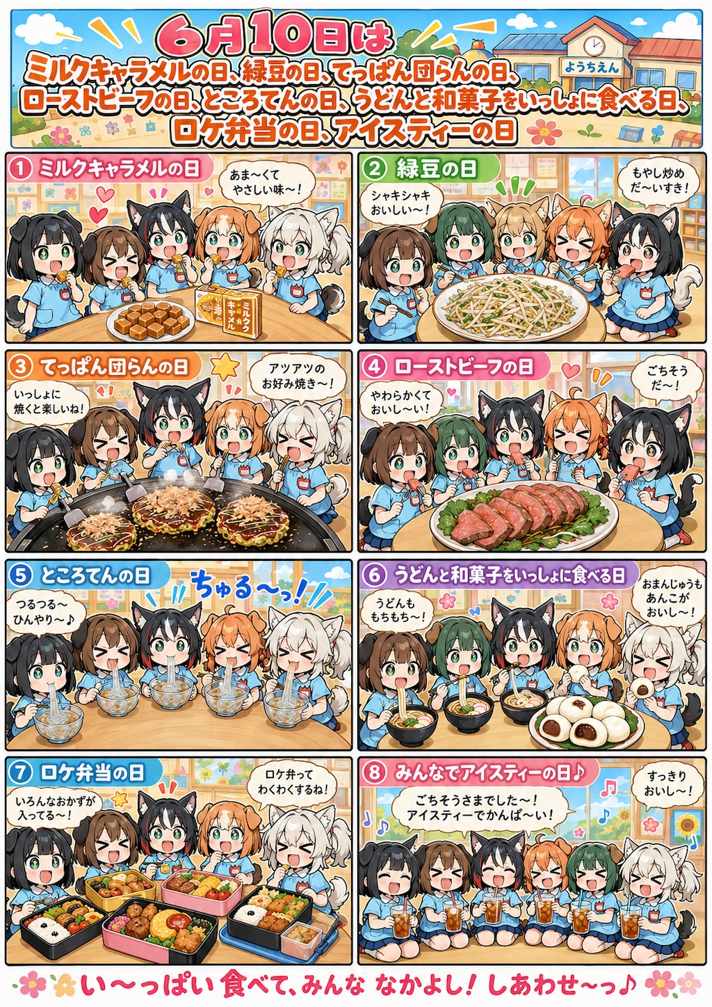６月１０日はミルクキャラメルの日、緑豆の日、てっぱん団らんの日、ローストビーフの日、ところてんの日、うどんと和菓子をいっしょに食べる日、ロケ弁当の日、アイスティーの日
