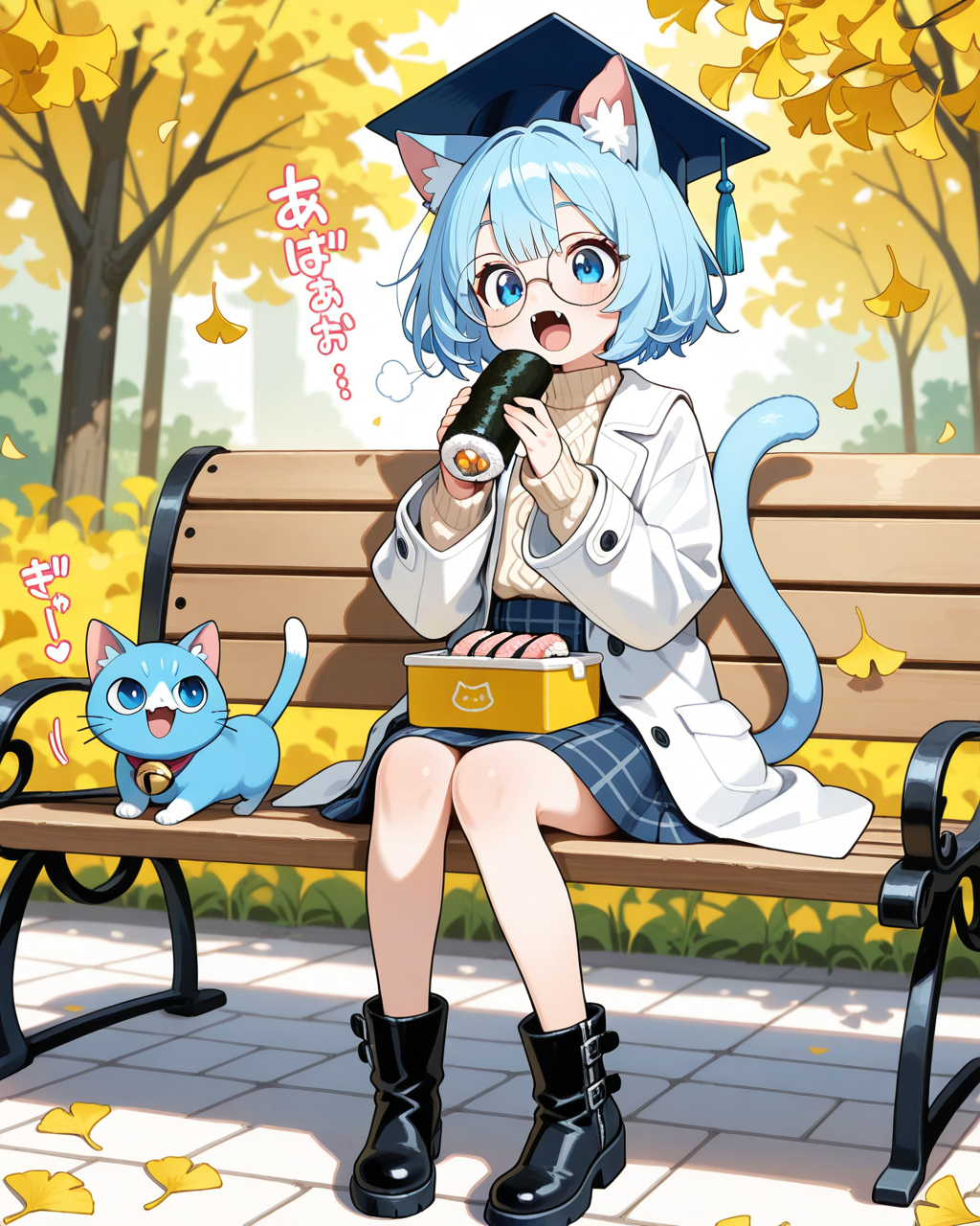 大学内で寿司を食べる青ねこちゃん。
