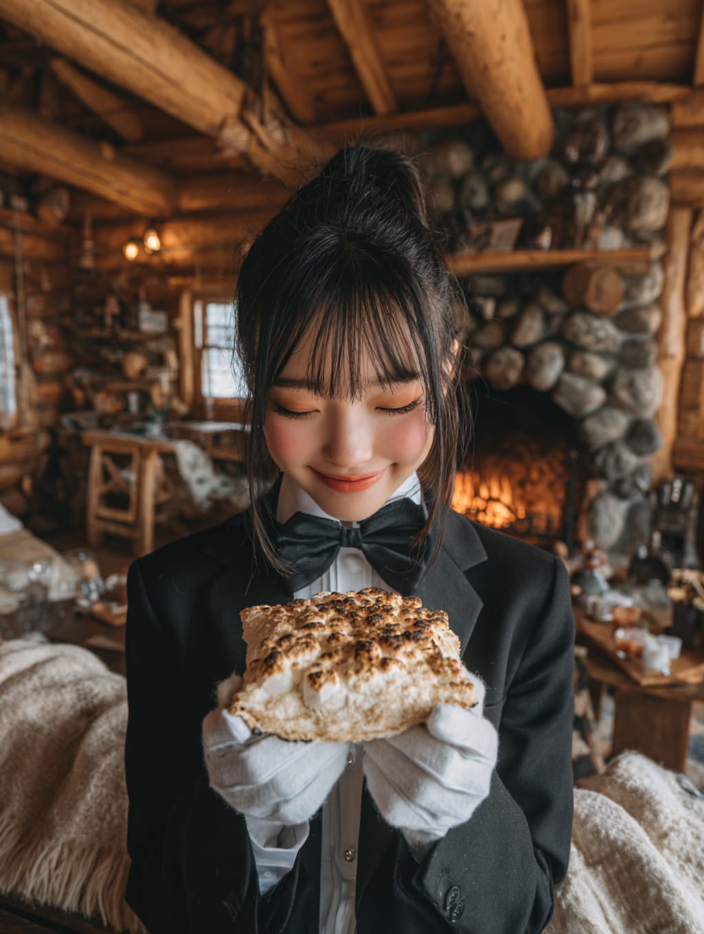 マシュマロたっぷりピザを手にして、ニヤニヤが止まらない執事ちゃん