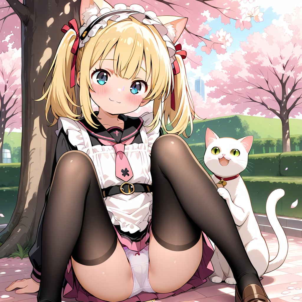 猫耳メイド金髪ツインテJK莉奈と白猫の桜の下癒しタイム♡🌸🐱