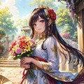花咲く庭園で花束を持つ少女 2枚目