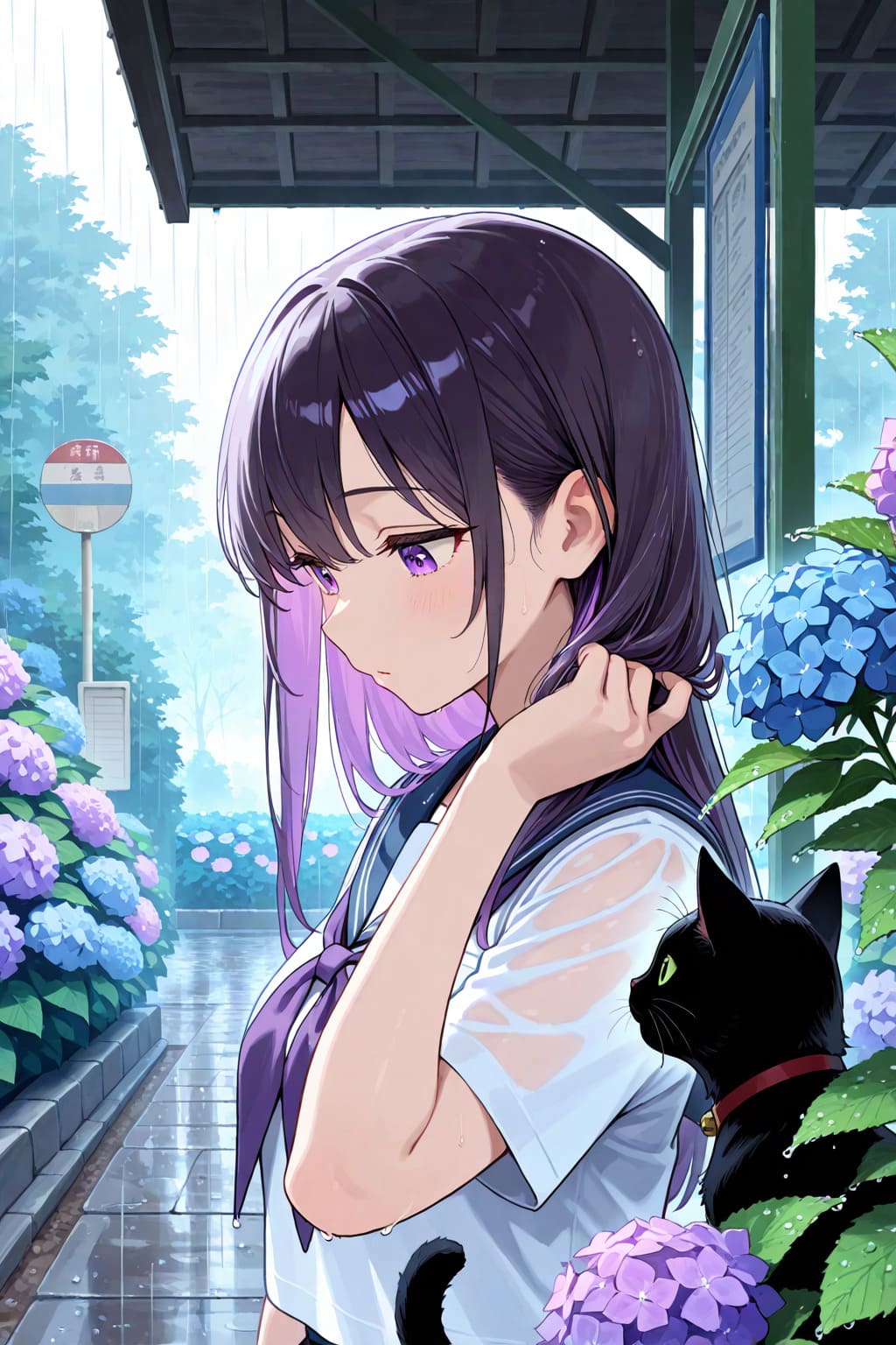 LILY : 黒猫と紫陽花、雨宿り