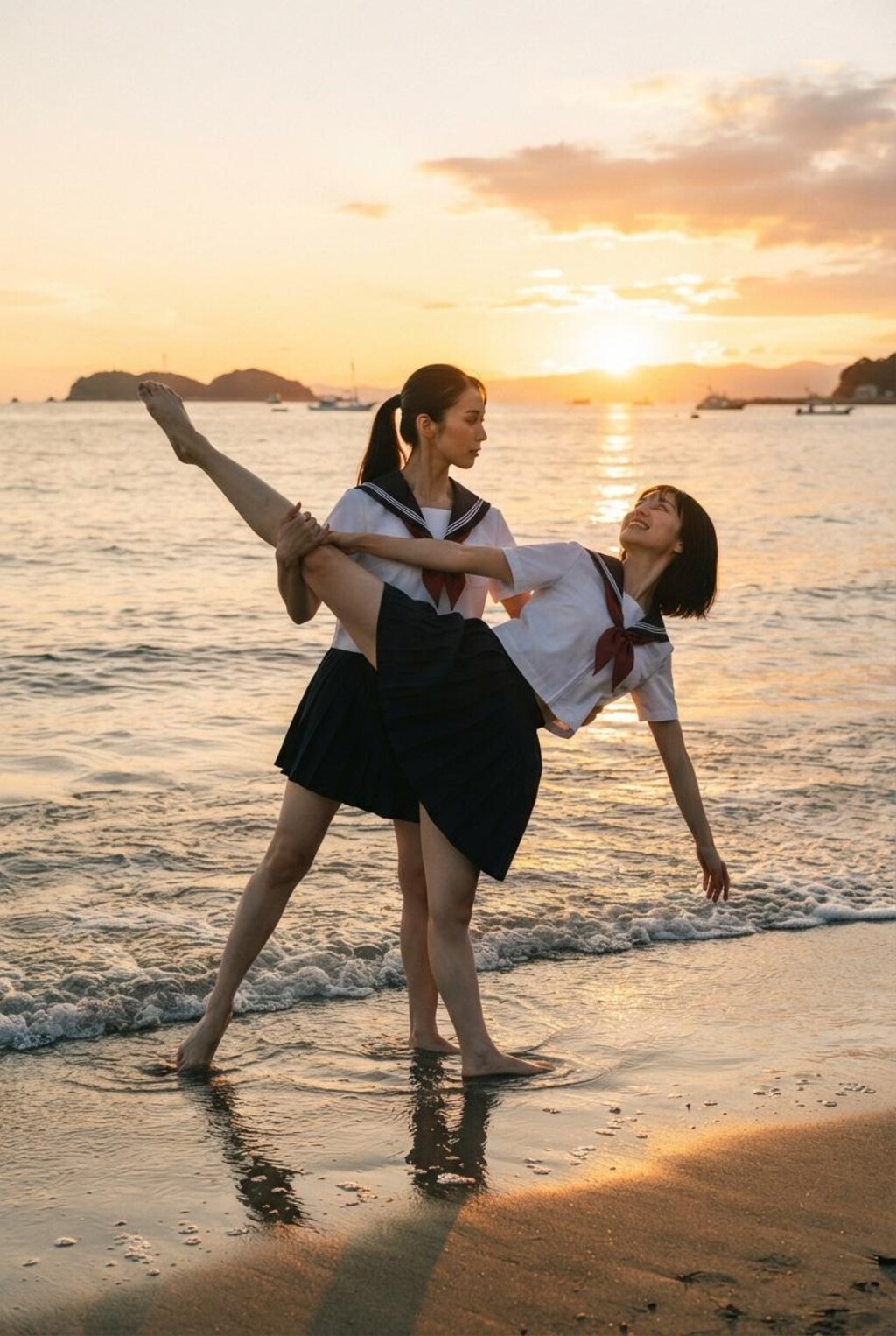 海辺で夕陽に照らされて