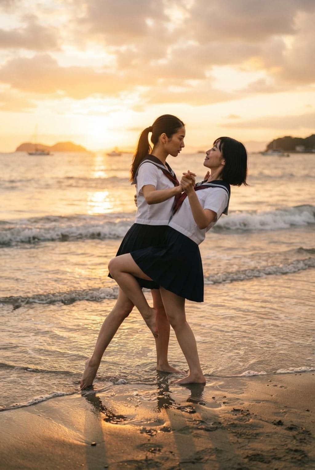 海辺で夕陽に照らされて