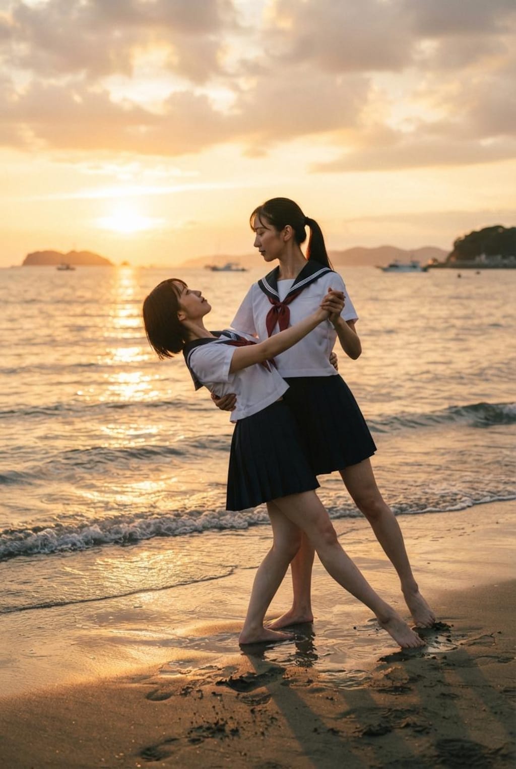 海辺で夕陽に照らされて