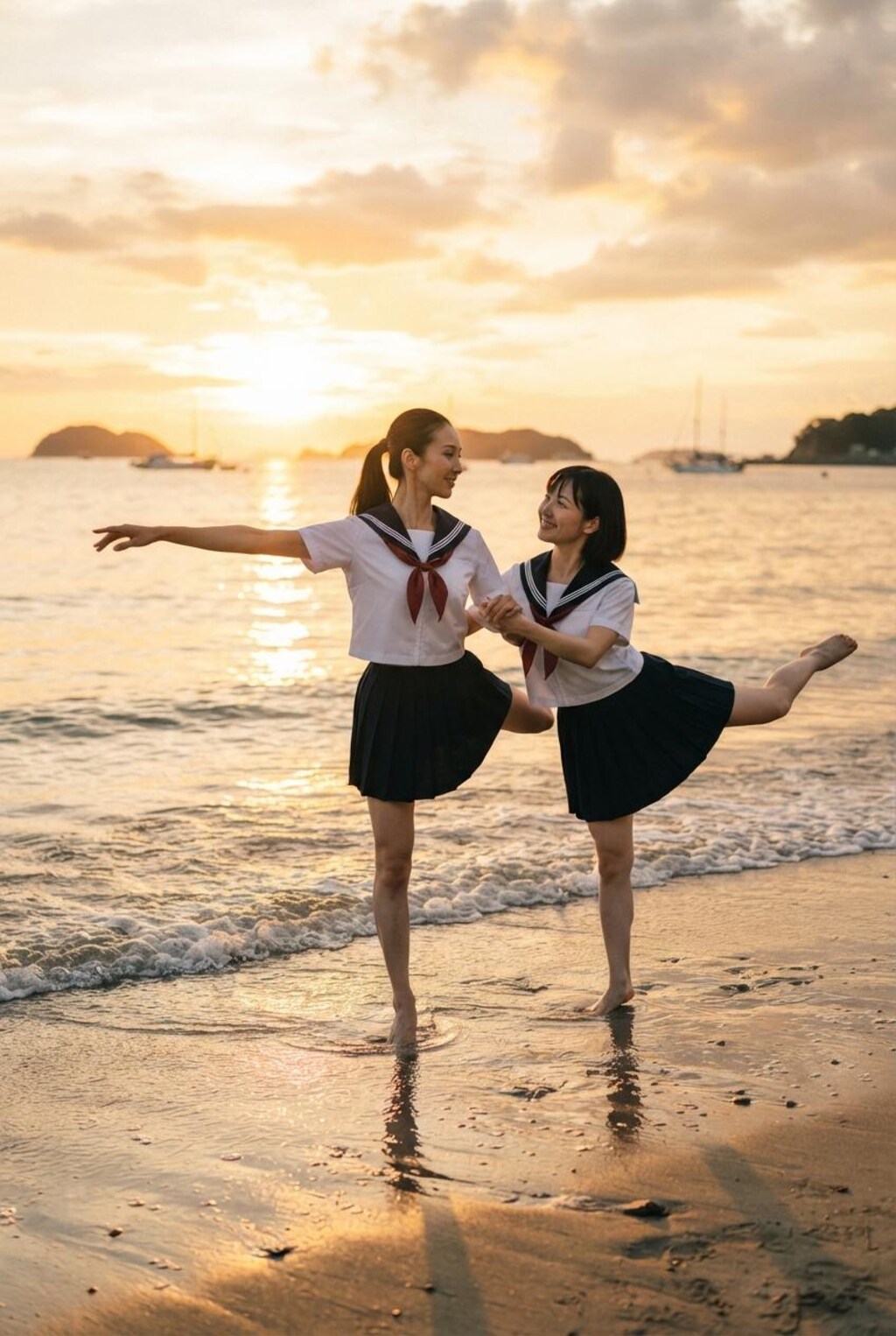 海辺で夕陽に照らされて