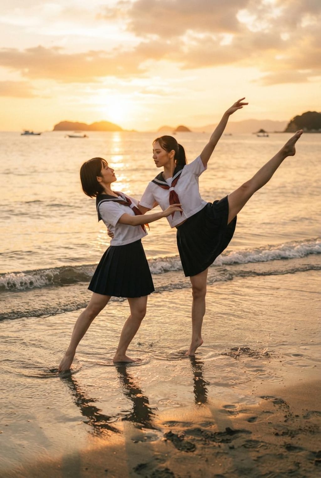 海辺で夕陽に照らされて