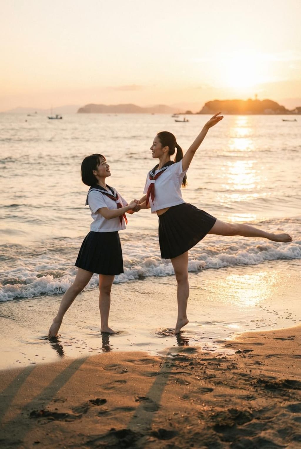 海辺で夕陽に照らされて