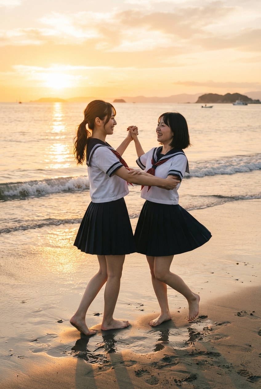 海辺で夕陽に照らされて | の人気AIイラスト・グラビア
