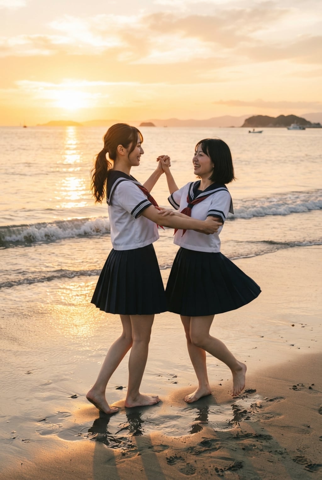 海辺で夕陽に照らされて
