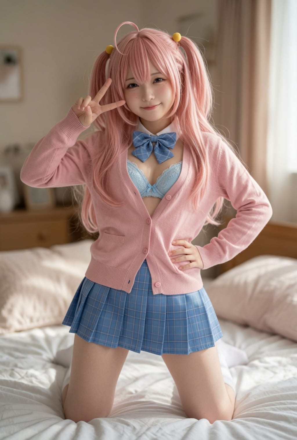 ピンク髪制服少女　下着見せ