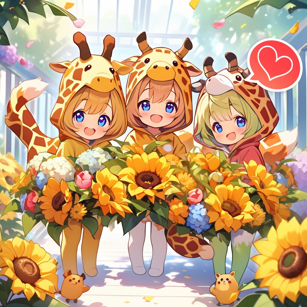 ひまわりとキリン着ぐるみちび子ちゃん