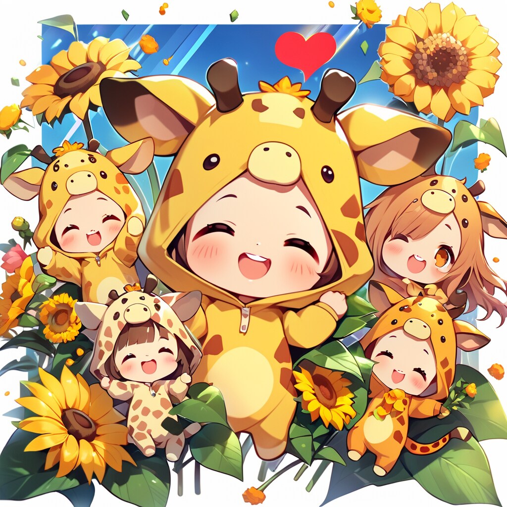 ひまわりとキリン着ぐるみちび子ちゃん