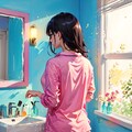 朝起きて出かける準備をするのピンクのパジャマ 7枚目
