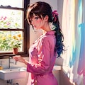 朝起きて出かける準備をするのピンクのパジャマ 4枚目