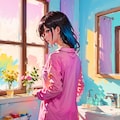 朝起きて出かける準備をするのピンクのパジャマ 8枚目