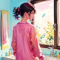 朝起きて出かける準備をするのピンクのパジャマ 6枚目