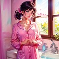 朝起きて出かける準備をするのピンクのパジャマ 5枚目