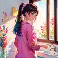 朝起きて出かける準備をするのピンクのパジャマ 10枚目