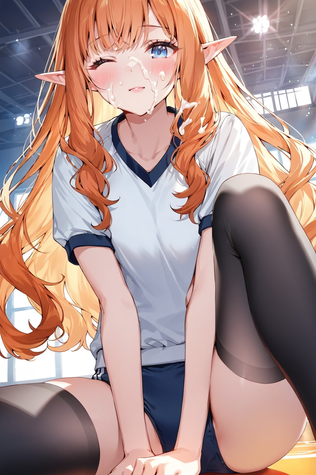 何故か顔面に白い液体をかけられているブルマ姿のエルフさん