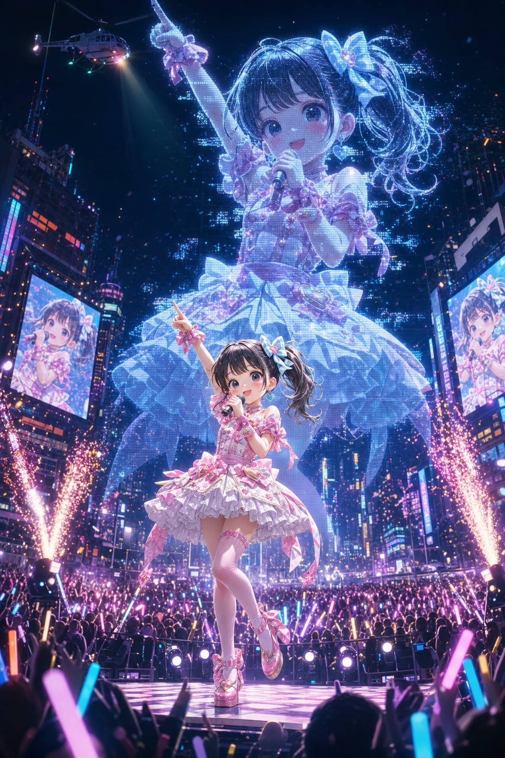 アイドル街頭ゲリラライブ【巨大3Dホログラム】 | の人気AIイラスト・グラビア